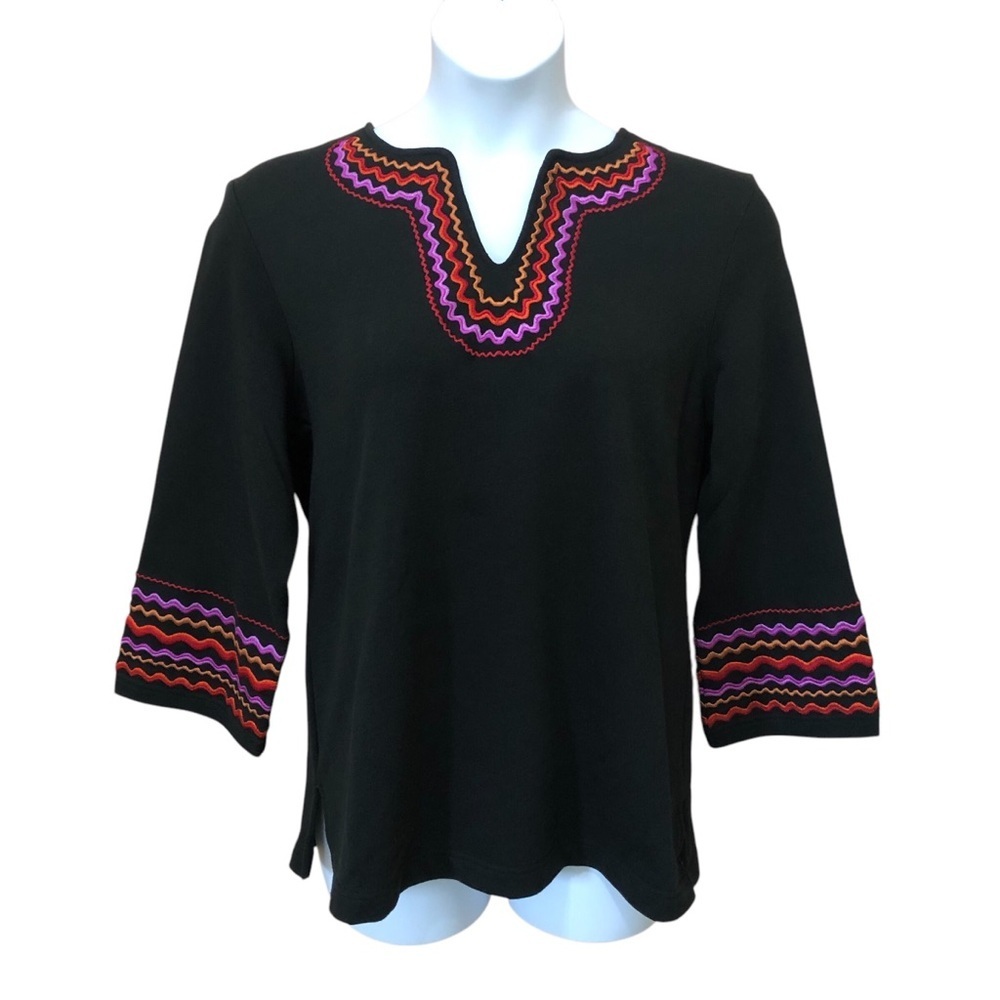 VTG Bob Mackie Wearable Art Women’s Boho Tunic Top L Black Embroidered Flare GUC